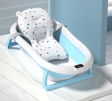 [Tặng Kèm Nệm Tắm] Thau Tắm/ Chậu Tắm Gấp Gọn Cho Bé Có Nhiệt Kế Tiện Dụng, Giá Rẻ