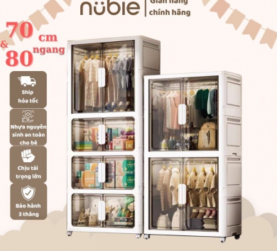 Nubie Tủ Nhựa Gấp Gọn Ngang 70/80cm Có Ngăn Treo Quần Áo, Đựng Đồ Dùng Size Lớn, Bánh Xe Xoay 