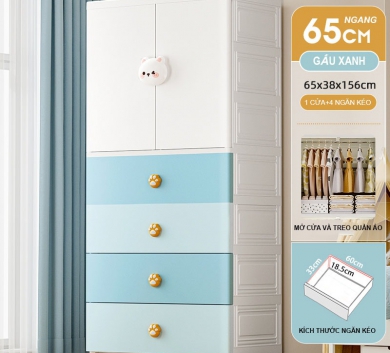 Tủ Nhựa Cho Bé Gấu Xanh 5 Tầng Cao Cấp Ngang 65CM