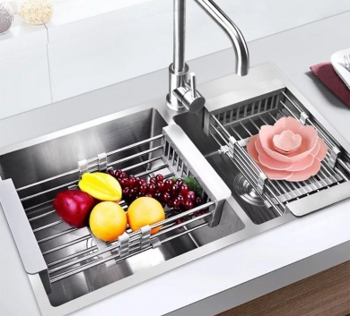  Kệ gác bồn rửa chén bát đĩa bằng inox 304 loại dày, có thể điều chiều dài, rổ gác chậu rửa bát cực tiện lợi (Size lớn)