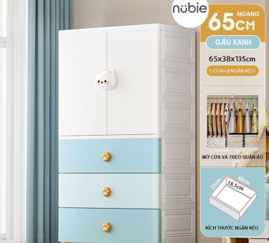 Tủ Nhựa Cho Bé Gấu Xanh 4 Tầng Cao Cấp Ngang 65CM